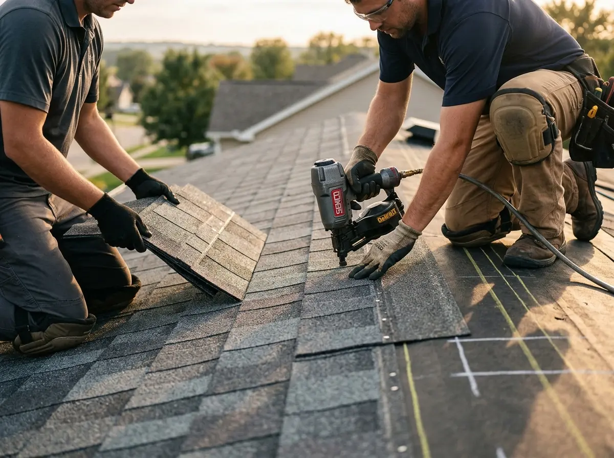 Professional roofer working on a residential roof in Hartland